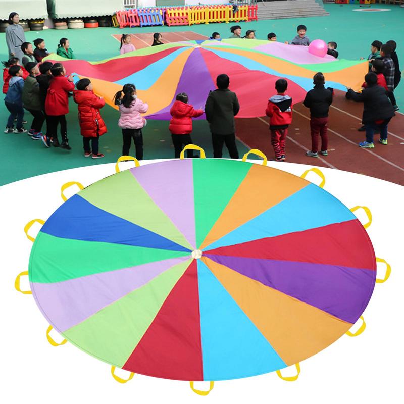 Kids Outdoor Umbrella - DIA 2-3M เด็กพัฒนากีฬาร่มสีรุ้งกลางแจ้งร่มชูชีพของเล่นกระโดดกระสอบลูกบอลเล่นเกมกลางแจ้งสำหรับเด็ก