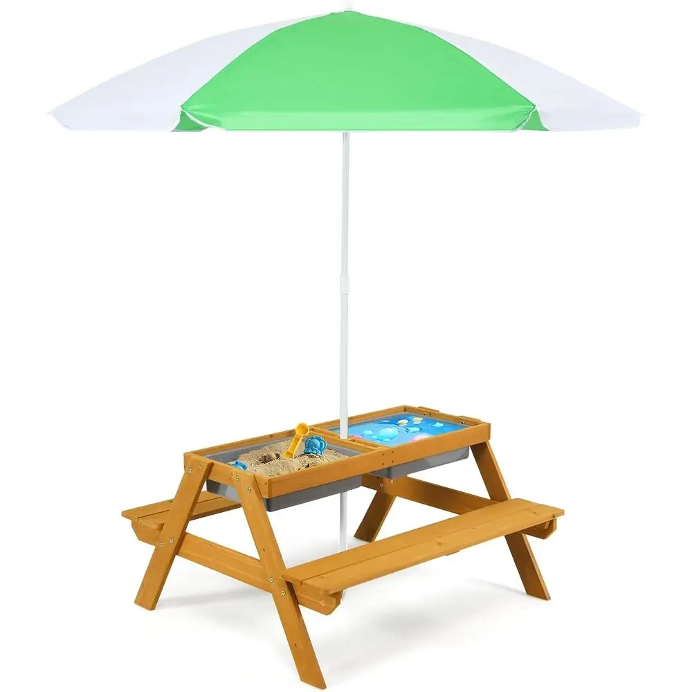 Kids Outdoor Umbrella - โต๊ะปิกนิกเด็กแบบปรับความสูงได้ 3-in-1 พร้อมกิจกรรมน้ำและทราย ชุดไม้สำหรับเด็กเล็ก ใช้กลางแจ้ง สวน