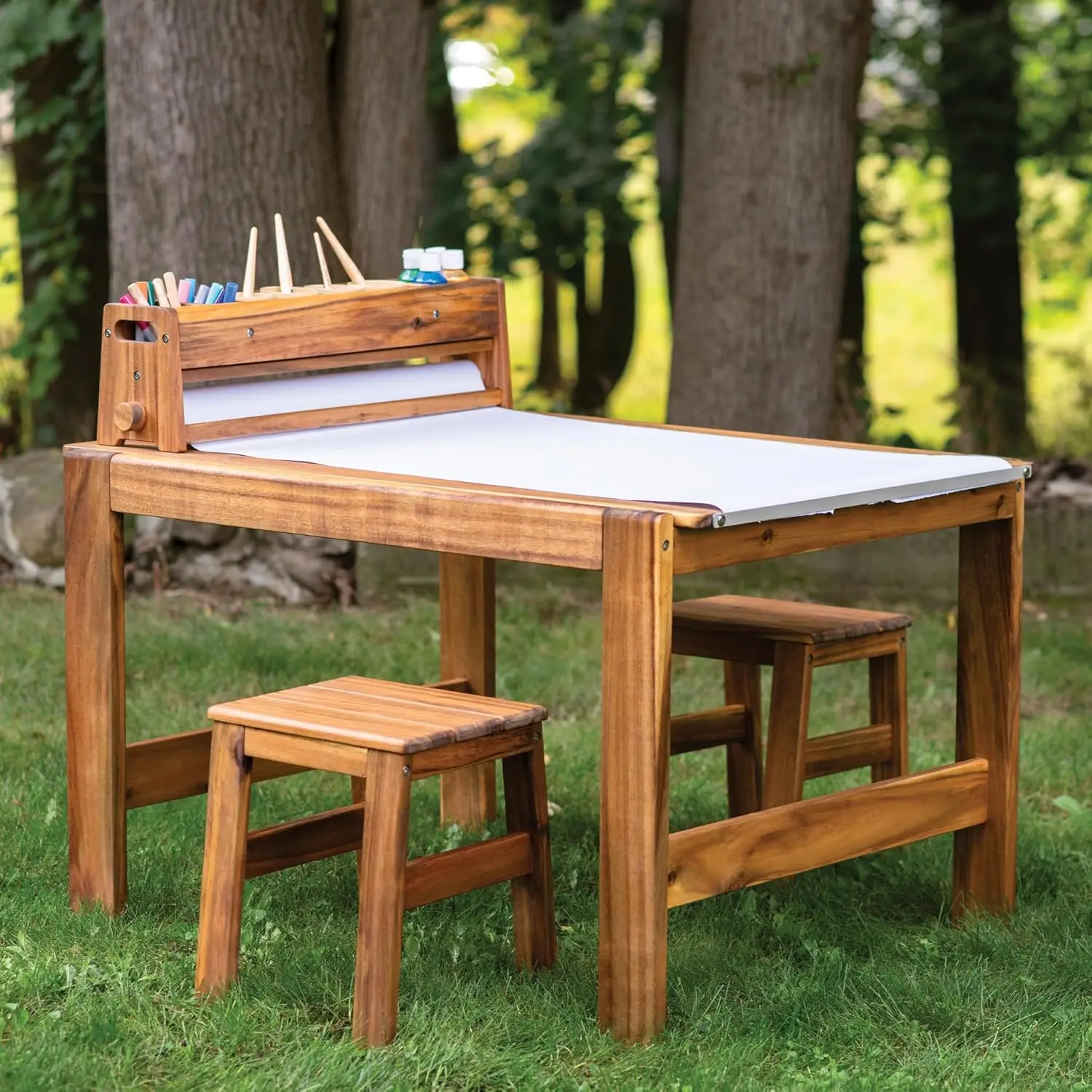 Kids Outdoor Chair And Table - ชุดโต๊ะและเก้าอี้สำหรับงานศิลปะกลางแจ้ง Acadia: โต๊ะงานศิลปะและงานฝีมือสำหรับเด็ก ทำจากไม้กระถินเทศ พร้อมเก้าอี้ 2