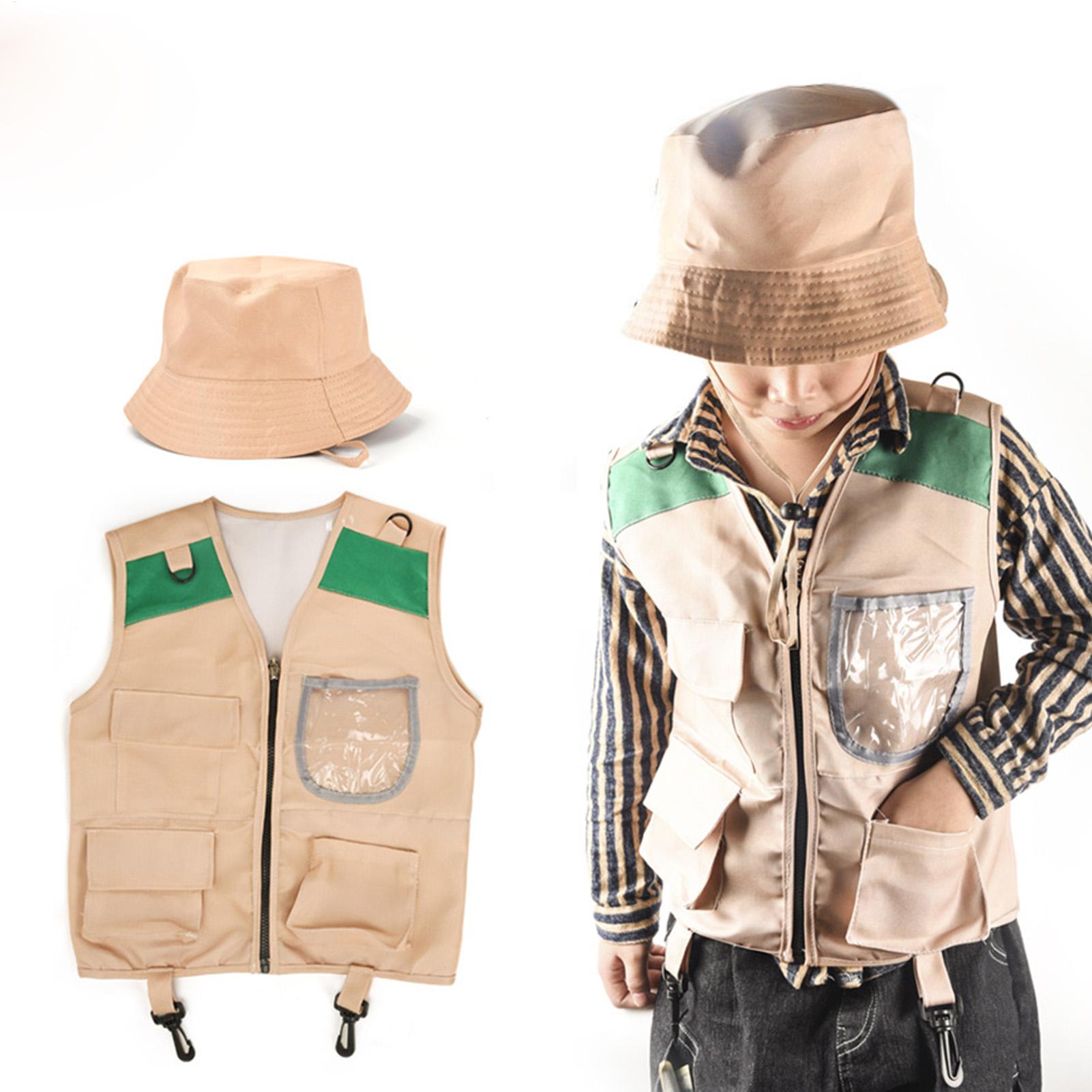 Kids Outdoor Umbrella - ชุดหมวกและเสื้อกั๊กนักสำรวจสำหรับเด็ก ชุดเครื่องแต่งกายสำหรับเล่นบทบาทผจญภัยกลางแจ้ง ชุดเสื้อกั๊กผจญภัยสำหรับเด็กสำหรับตกปลา ตั้งแคมป์ และเดินป่า