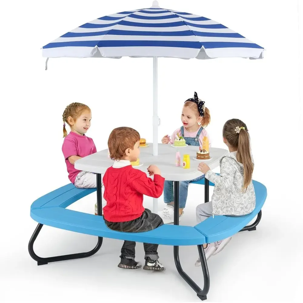 Kids Outdoor Umbrella - โต๊ะปิกนิกสำหรับเด็ก 8 ที่นั่งพร้อมร่ม, โต๊ะกิจกรรมสำหรับเด็กเล็ก, ม้านั่ง 4