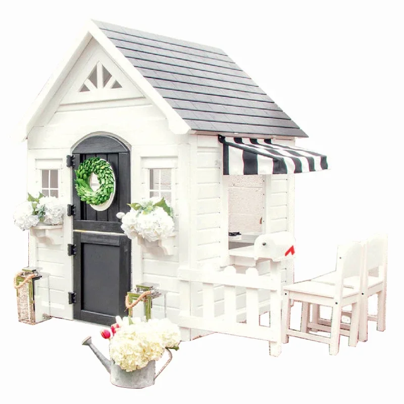 Kids Outdoor Cubby House - บ้านเด็กเล่นแบบเรียบง่ายพร้อมรั้ว บ้านไม้สีขาวทันสมัยพร้อมรั้วและเก้าอี้ บ้านไม้สำหรับเด็กเล่นกลางแจ้ง
