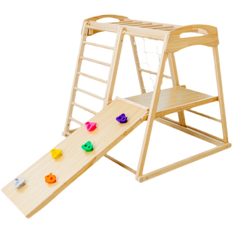 Kids Outdoor Jungle Gym With Slide - ชุดเครื่องเล่นเด็กกลางแจ้งในร่ม ทำจากไม้เนื้อแข็ง พร้อมสไลเดอร์ ชิงช้า ห่วง และโครงปีนป่าย