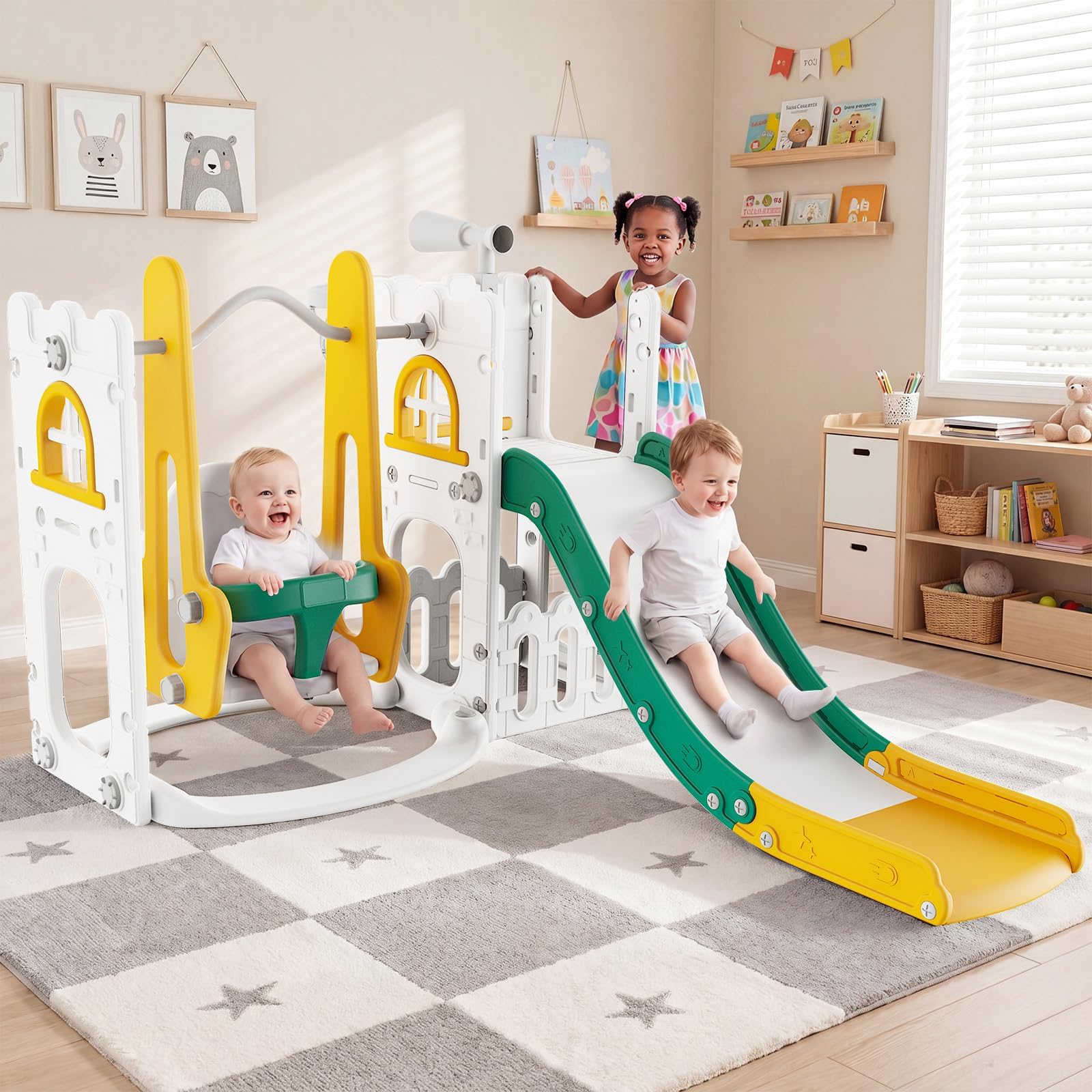 Kids Outdoor Slide Set - ชุดสไลด์และชิงช้า 7 in 1 สำหรับเด็กเล็ก ใช้ได้ทั้งในร่มและกลางแจ้ง