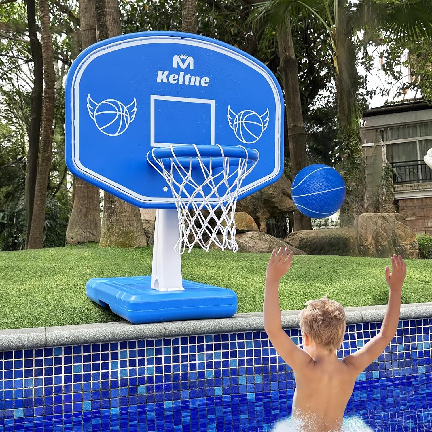 Kids Outdoor Fun - ห่วงบาสเก็ตบอลสำหรับสระว่ายน้ำขนาดใหญ่พร้อมฐานที่แข็งแรงทนทาน เหมาะสำหรับการเล่นบาสเก็ตบอลริมสระน้ำ มาพร้อมลูกบอล 2 ลูกและปั๊มลม กิจกรรมทางน้ำแสนสนุกสำหรับเด็กและผู้ใหญ่