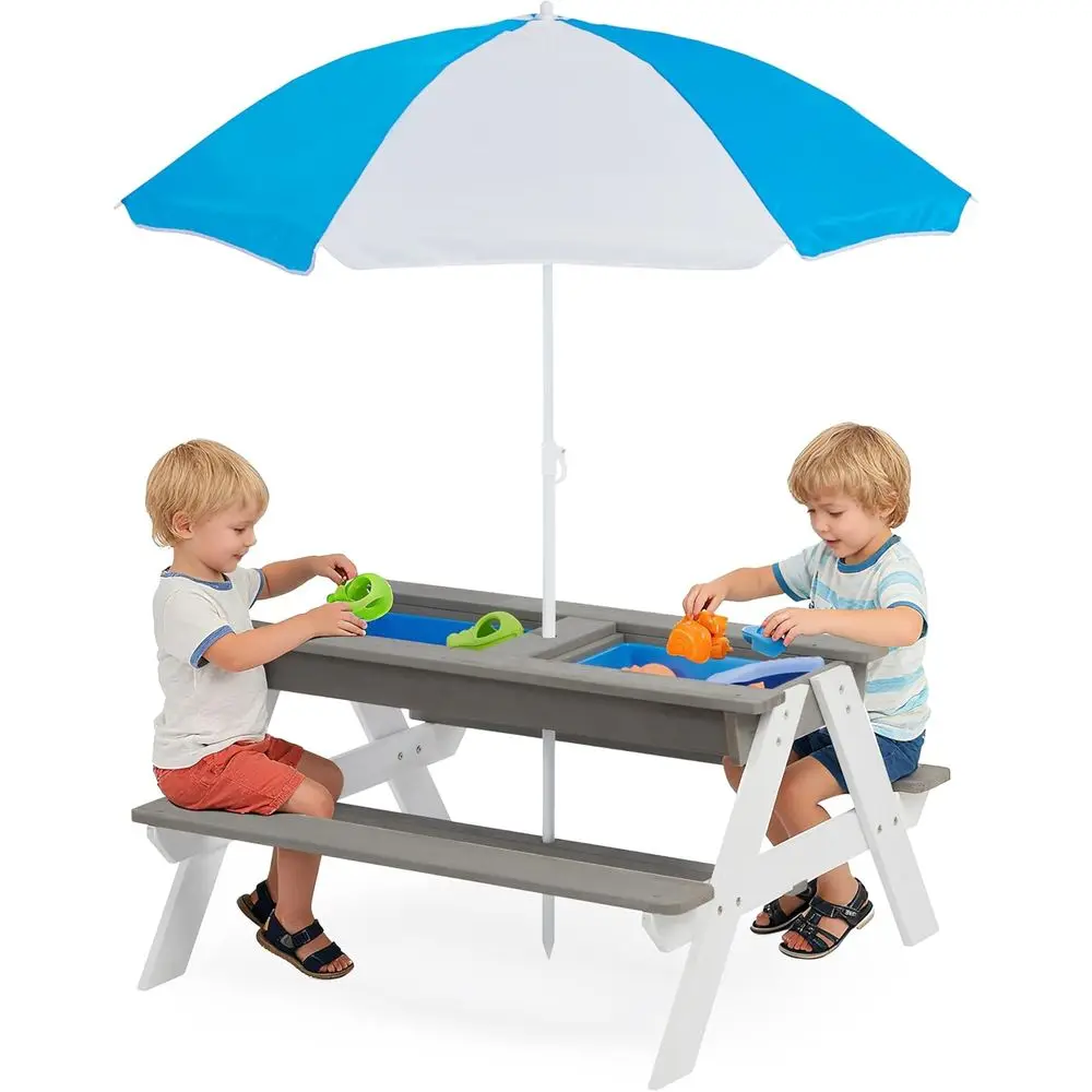 Kids Outdoor Umbrella - โต๊ะปิกนิกไม้แบบ 3-in-1 สำหรับเด็ก, เหมาะสำหรับเล่นทรายและน้ำกลางแจ้ง, รองรับ 4