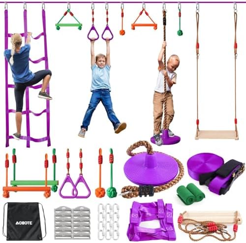 Kids Outdoor Monkey Bars - สนามฝึกความแข็งแกร่งสำหรับเด็ก - สายสลักไลน์ 52 ฟุต พร้อมอุปกรณ์เสริม