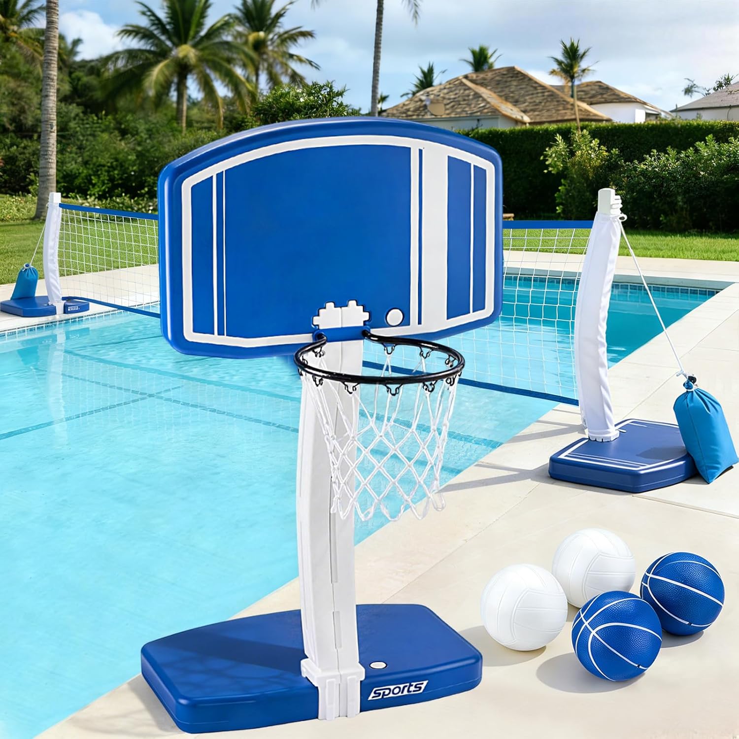 Kids Outdoor Fun - ห่วงบาสเก็ตบอลเหนือพื้นดินและตาข่ายวอลเลย์บอล 2-in-1 ของเล่นเกมน้ำกลางแจ้งสำหรับเด็กอายุ 3-12 ปี วัยรุ่น