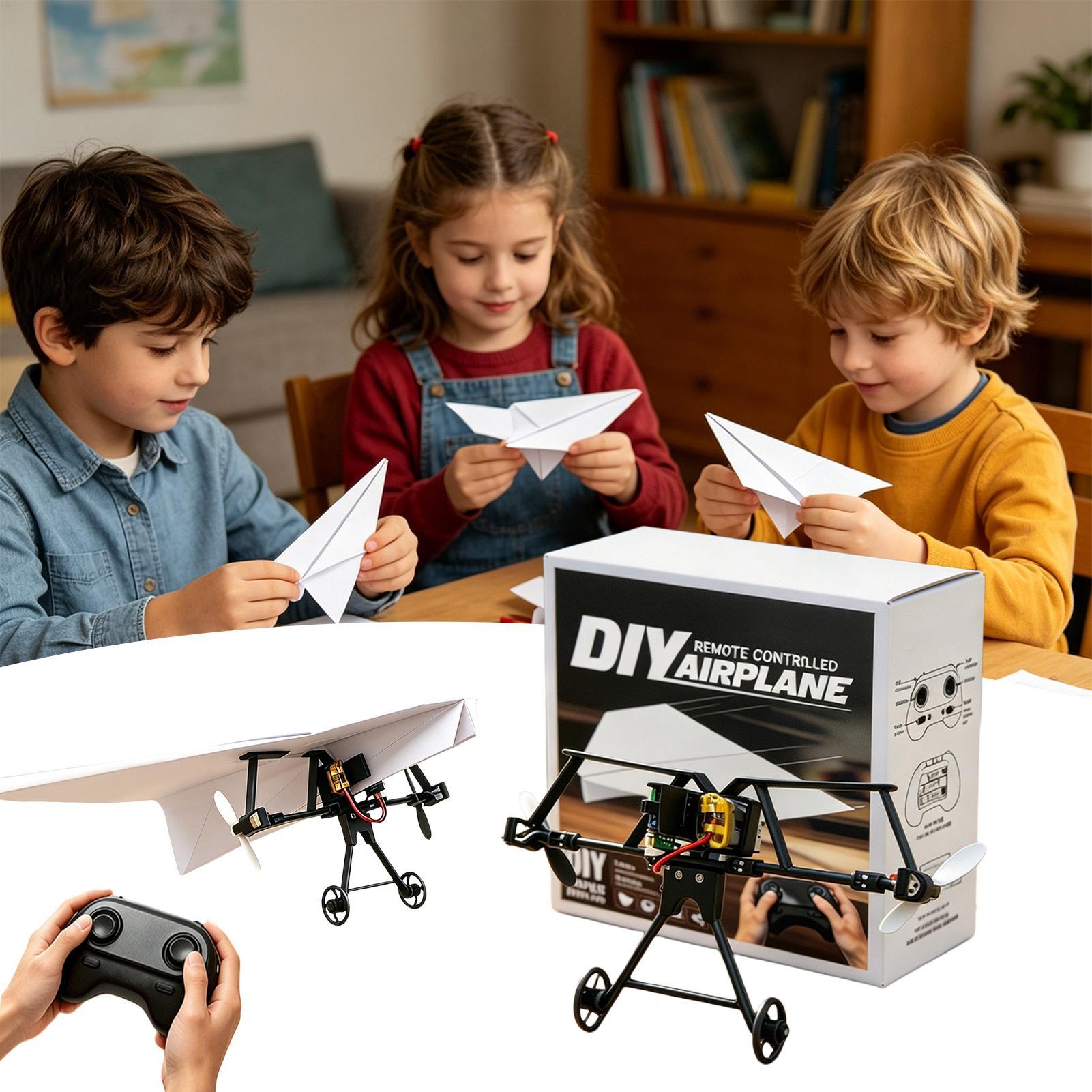 Kids Outdoor Fun - ชุดเครื่องบินกระดาษ DIY RC พร้อมไจโรกันสั่น เครื่องบินบังคับวิทยุไฟฟ้าสำหรับเด็กชายและเด็กหญิง เล่นได้ในสวนหลังบ้าน