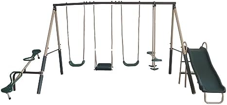 Kids Outdoor Slide Set - ชุดสนามเด็กเล่นกลางแจ้งสำหรับเด็ก ทำจากโลหะ พร้อมชิงช้า 2 ตัว สไลเดอร์