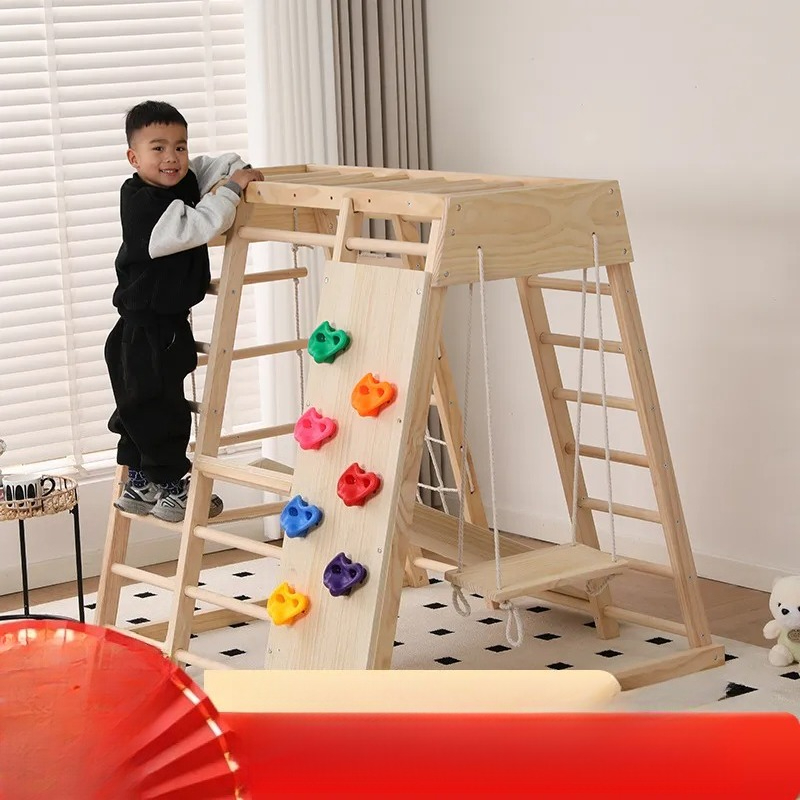 Kids Outdoor Jungle Gym With Slide - JMZ ชุดเครื่องเล่นปีนป่ายไม้สำหรับเด็ก พร้อมสไลเดอร์และชิงช้าเชือก สำหรับเล่นในร่มและกลางแจ้ง ศูนย์กิจกรรมไม้เนื้อแข็ง