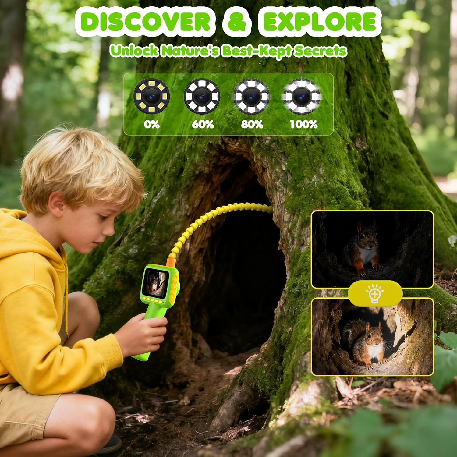 Kids Outdoor Education - กล้องเอนโดสโคปสำหรับเด็ก, กล้องส่องตรวจแบบงูพร้อมไฟ, ของเล่นวิทยาศาสตร์ STEM เพื่อการศึกษาสำหรับการสำรวจธรรมชาติและการตั้งแคมป์กลางแจ้ง