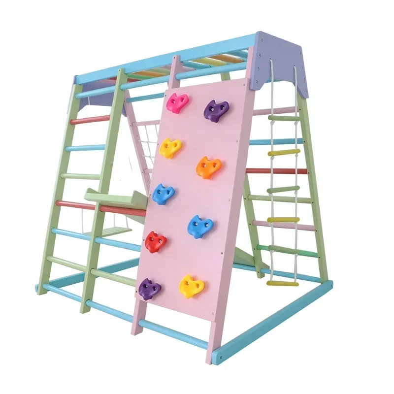 Kids Outdoor Jungle Gym With Slide - ชุดเครื่องเล่นปีนป่ายไม้สำหรับเด็ก พร้อมชิงช้า สไลเดอร์ และอุปกรณ์ออกกำลังกายกลางแจ้ง สำหรับใช้ในบ้านและโรงเรียน