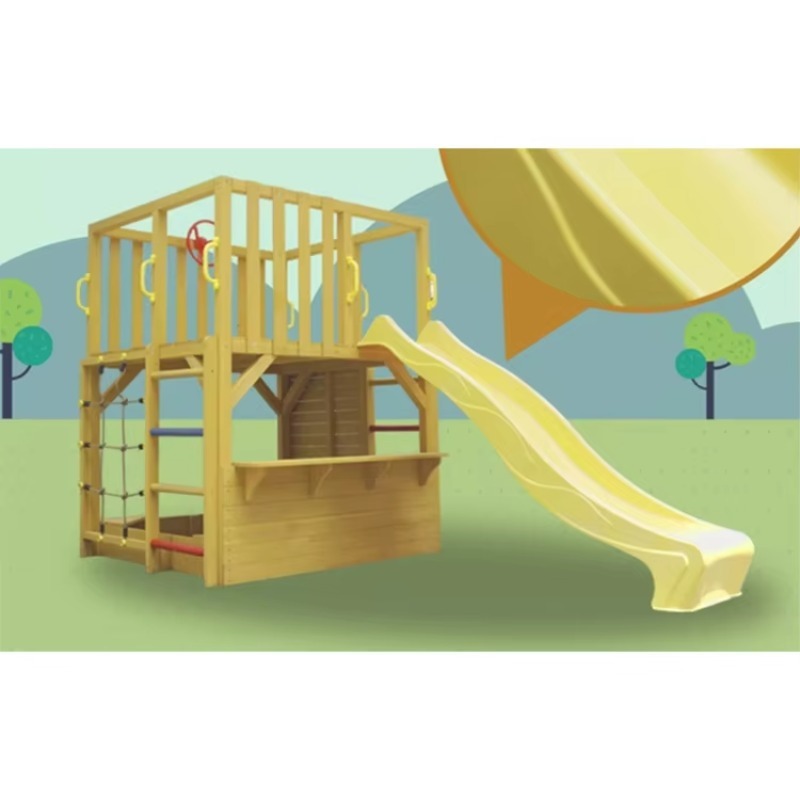 Kids Outdoor Cubby House - บ้านไม้เด็กเล่นกลางแจ้งพร้อมสไลเดอร์และตาข่าย/ผนังปีนป่าย สำหรับเด็ก 4-6 คน - ยี่ห้อ