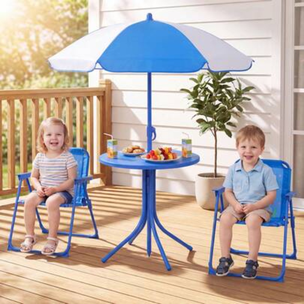 Kids Outdoor Chair And Table - ชุดโต๊ะปิกนิกสำหรับเด็กพร้อมเก้าอี้พับ 2 ตัวและร่มกันแดดปรับระดับได้ สำหรับเด็กอายุ 3-8 ปี