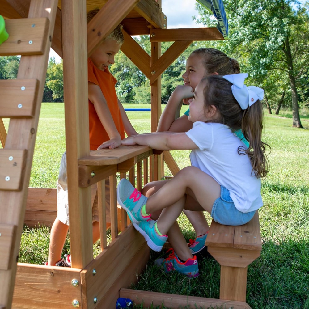 Kids Outdoor Monkey Bars - ชุดชิงช้าไม้ซีดาร์สำหรับสนามหลังบ้าน พร้อมสไลเดอร์รูปคลื่น แท่นเล่น บาร์โหน และชิงช้าสนามเด็กเล่นกลางแจ้งสำหรับเด็ก จัดส่งจากสหรัฐอเมริกา