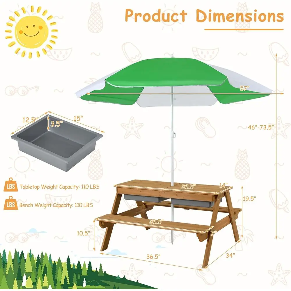 โต๊ะปิกนิกไม้ 4-in-1 สำหรับเล่ - Kids Outdoor Umbrella บทวิจารณ์และราคา
