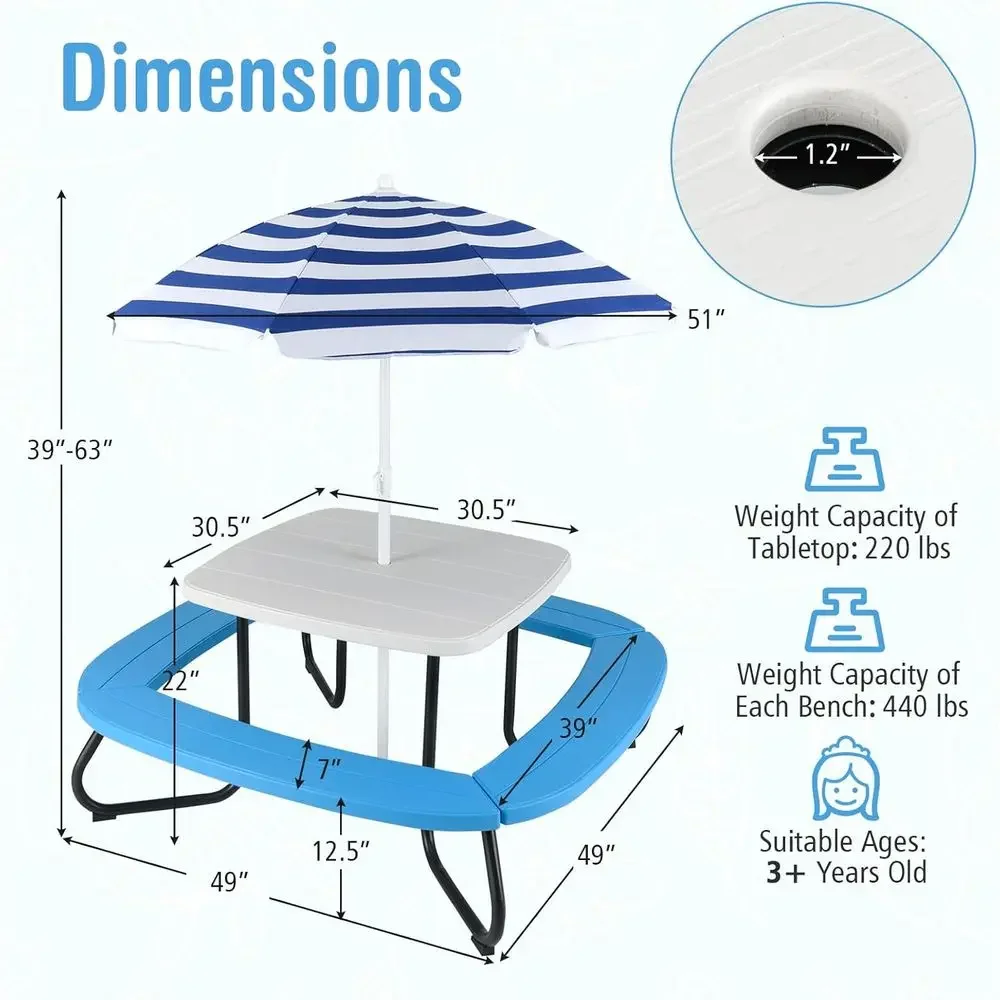 โต๊ะปิกนิกสำหรับเด็ก 8 ที่นั่ง - Kids Outdoor Umbrella บทวิจารณ์และราคา